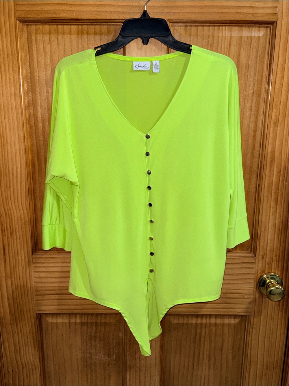 Kim Rogers Petite Chartreuse Button-Front Tie Hem Blouse-PL-EC - Picture 3 of 11
